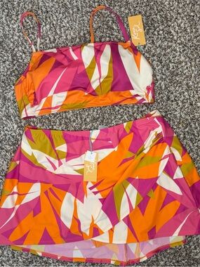 Kona Sol 2 Piece Swimsuit Set NWT XL 14/16 Bright Tropical Skirted Bottom Bikini